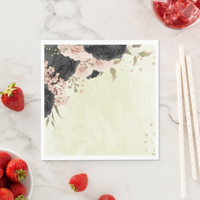 black blush pink flowers wedding napkin (Insitu)