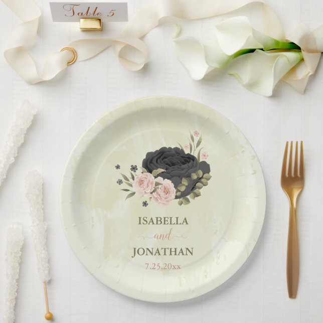 black blush pink flowers wedding paper plate (Wedding)