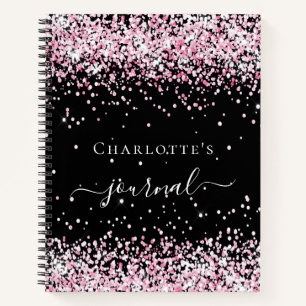Black blush pink glitter name script journal