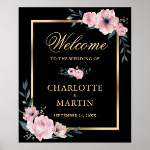 Black Blush Pink Gold Floral Wedding Welcome Sign