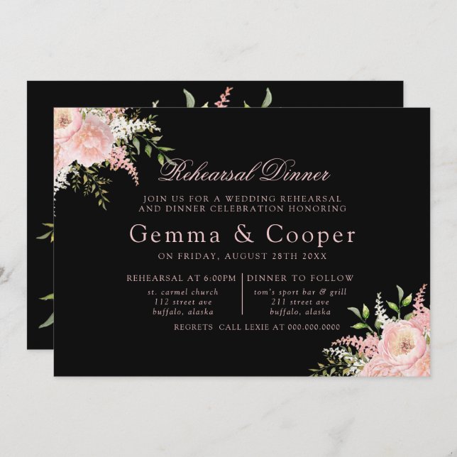 Black Blush Pink Painted Florals Rehearsal Dinner Invitation (Front/Back)