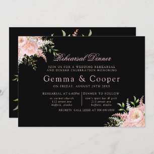 Black Blush Pink Painted Florals Rehearsal Dinner Invitation