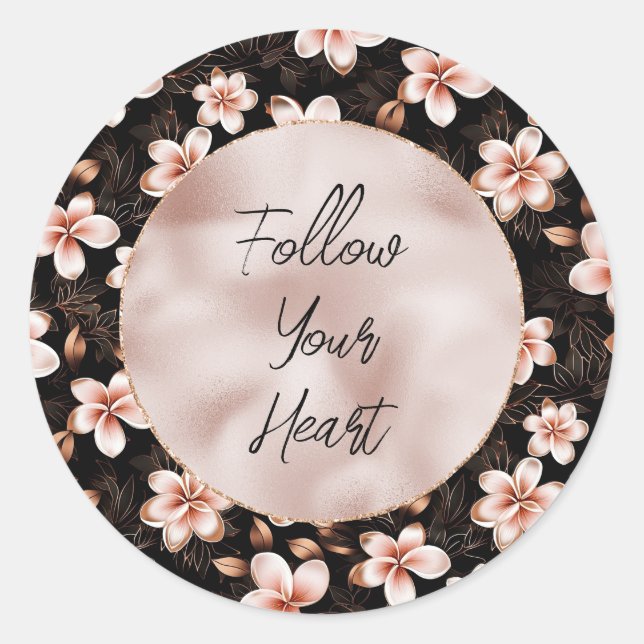 Black Blush Pink Rose Gold Floral Classic Round Sticker (Front)
