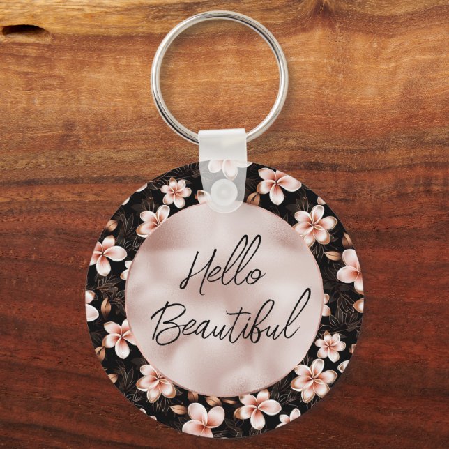 Black Blush Pink Rose Gold Floral Keychain (Front)