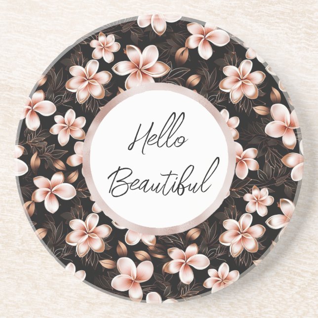 Black Blush Pink Rose Gold Floral Personalized Coaster (Front)
