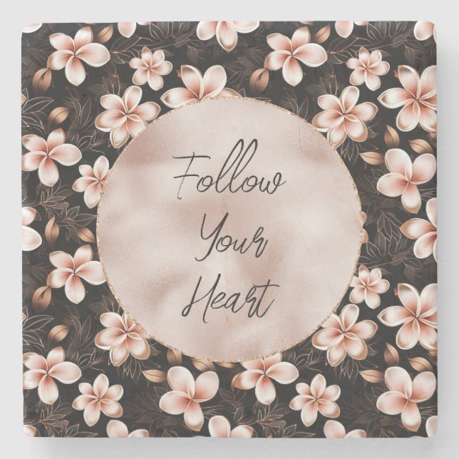 Black Blush Pink Rose Gold Floral Stone Coaster (Front)