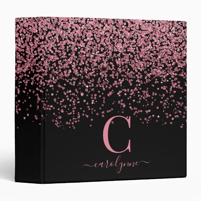 Black Blush Pink Rose Gold Glam Glitter Monogram Binder (Front/Spine)