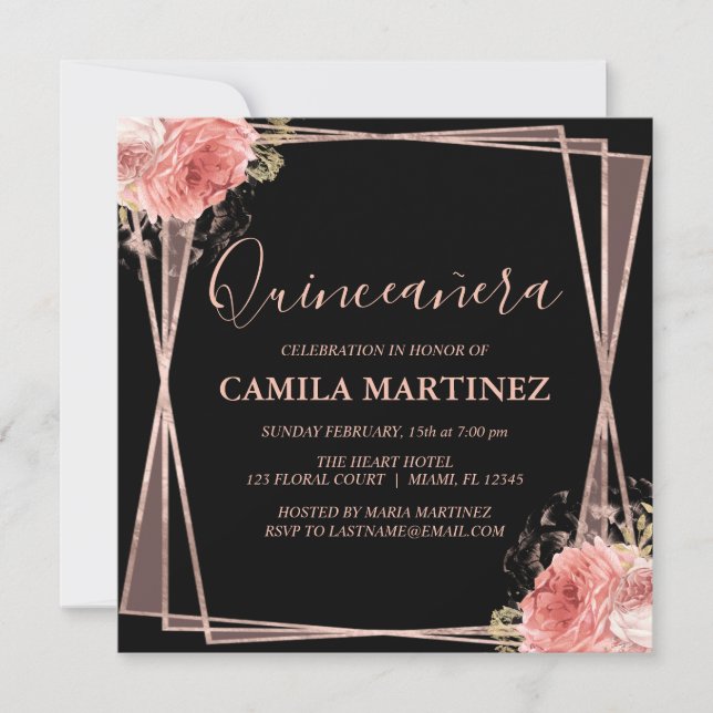 Black Blush Pink Rose Gold Quinceanera Party Invitation (Front)
