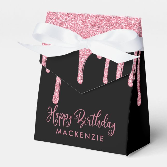 Black Blush Pink Sparkle Glitter Drips Birthday Favor Box (Front Side)