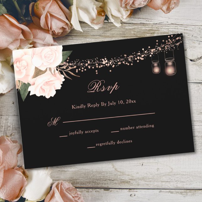 Black & Blush Rose Floral String Lights Wedding RSVP Card (Creator Uploaded)