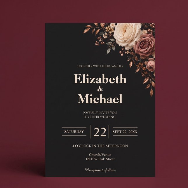 Black Blush Rose Floral Wedding Invitation (Creator Uploaded)