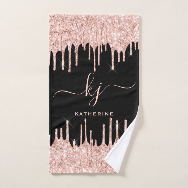 Black Blush Rose Gold Glitter Drips 2 Monogram Hand Towel (Hand Towel)
