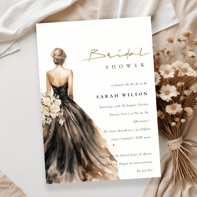 Black Blush Watercolor Wedding Gown Bridal Shower Invitation (Creator Uploaded)
