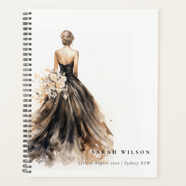 Black Blush Watercolor Wedding Gown Bridal Shower Planner (Front)