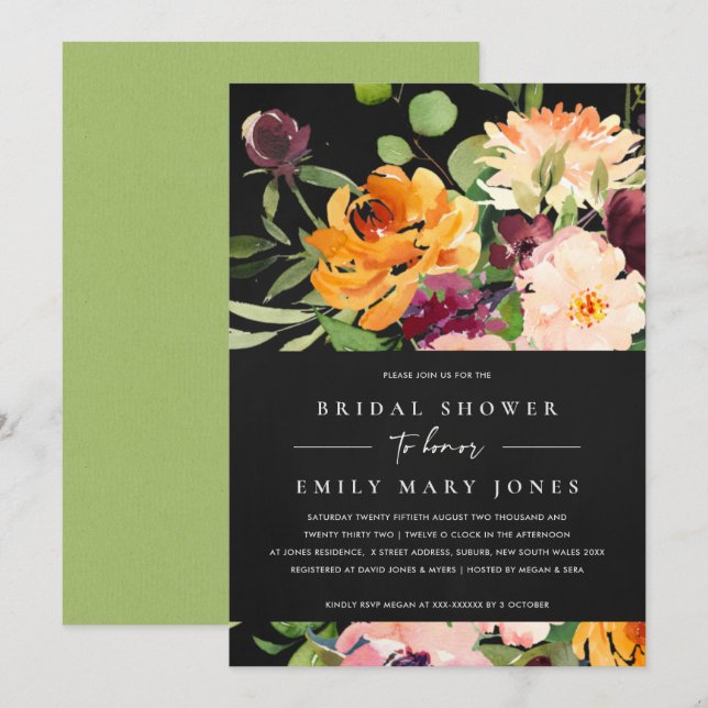 BLACK BLUSH YELLOW ORANGE FLORAL BRIDAL SHOWER INVITATION (Front/Back)