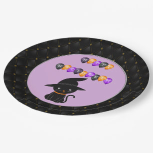 Black Boarder Black Cat Happy Halloween Balloons Paper Plate