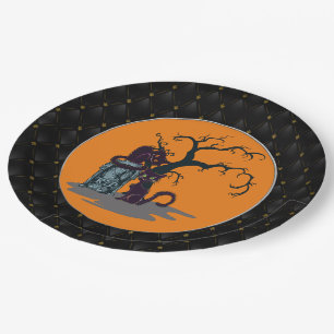 Black Boarder Black Cats Tombstone Tree Halloween Paper Plate