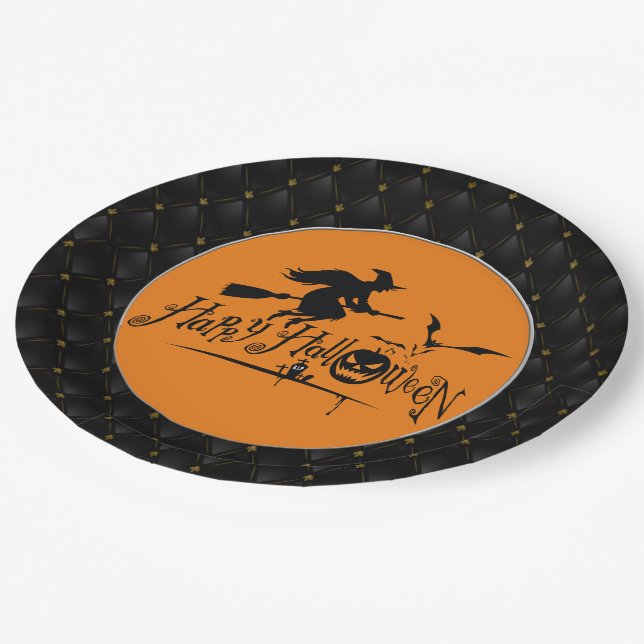 Black Boarder Happy Halloween Witch And Bats Paper Plate (Angled)