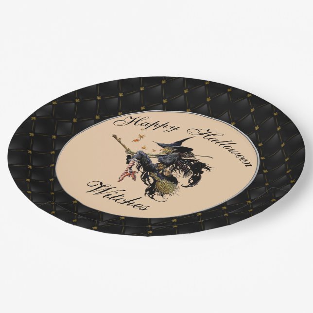 Black Boarder Happy Halloween Witches Broom Paper Plate (Angled)