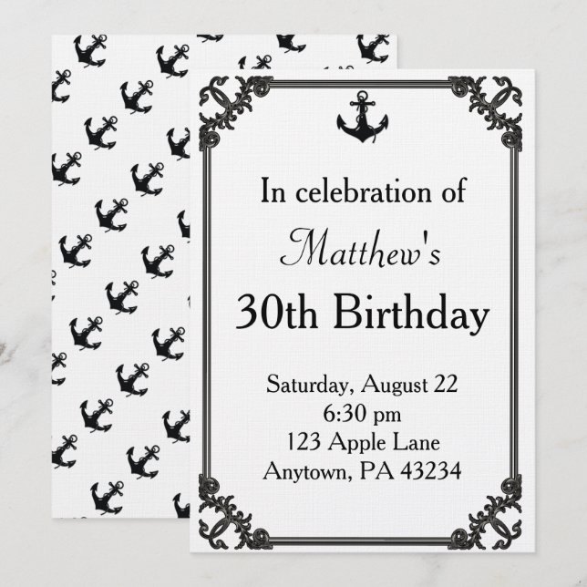 Black Boat Anchor Birthday Custom Invitation (Front/Back)