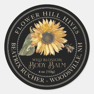 Black Body Balm Label Sunflower Metallic Gold Text
