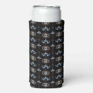 Black bohemian retro evil eye pattern seltzer can cooler
