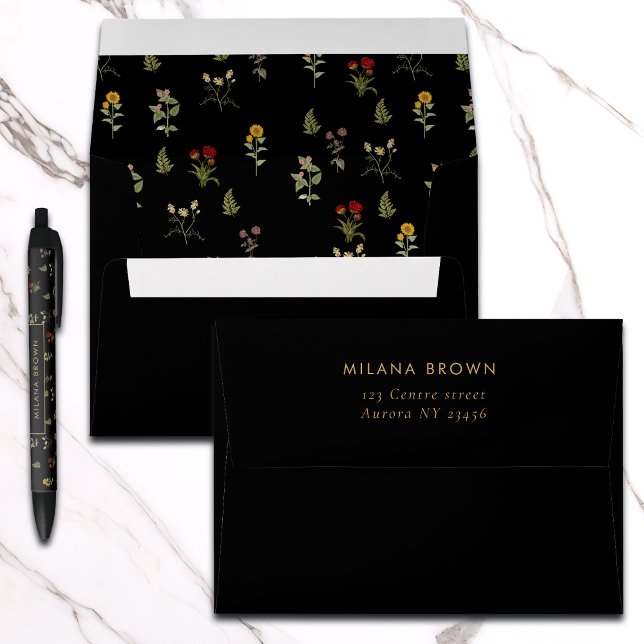Black Bohemian Wildflower Pattern Chic Envelope (Creator Uploaded)