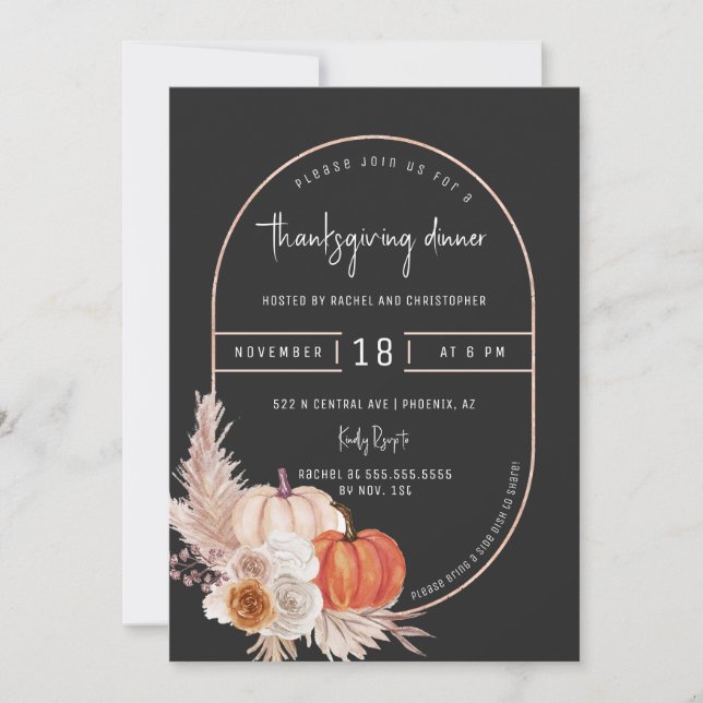 Black Boho Arch Pumpkin Thanksgiving Dinner Party Invitation (Front)