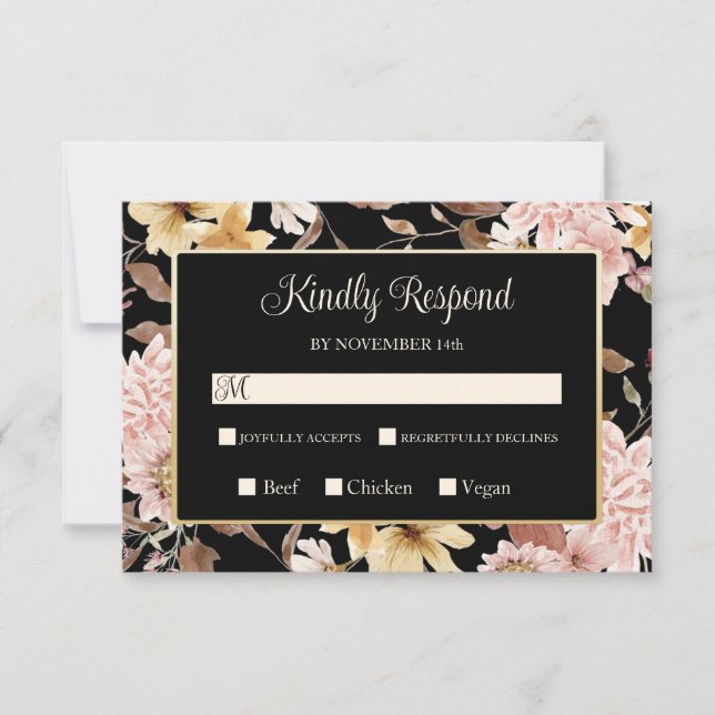 Black Boho Blooms & Bird Wedding RSVP (Devant)