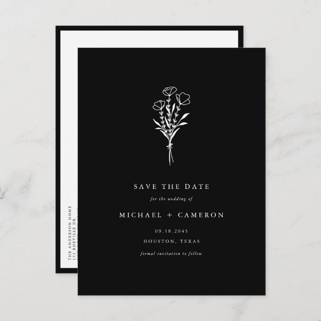 Black Boho Botanical QR Code Save the Date Announcement Postcard (Front/Back)