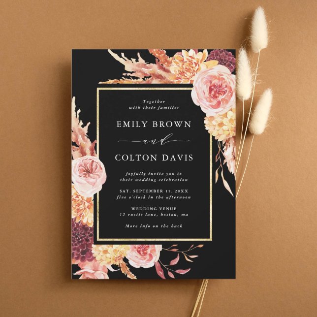 Black Boho Burgundy Terracotta Floral Wedding Invitation (Creator Uploaded)