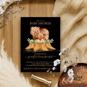 Black Boho Family Bear Mommy Baby Shower Invitation