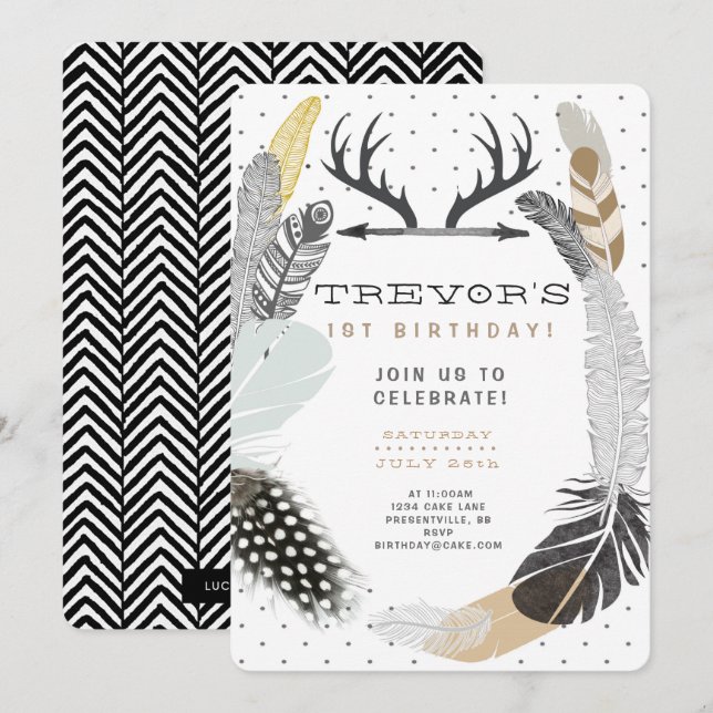 Black Boho Feather Birthday Invitation (Front/Back)