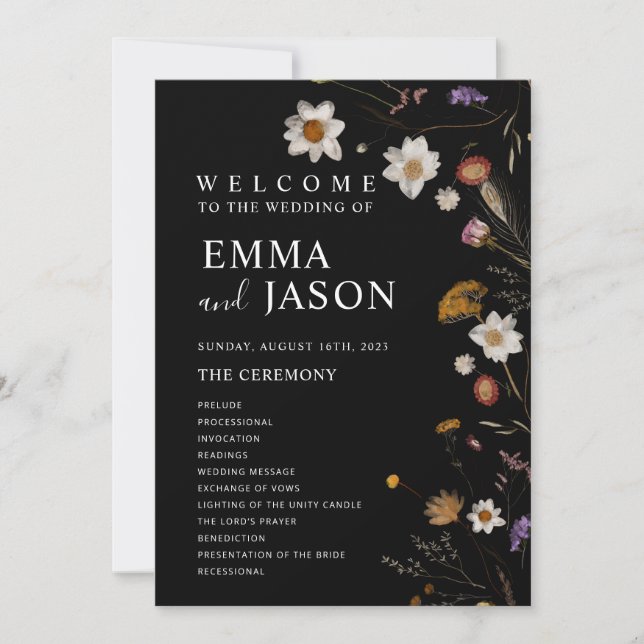 Black Boho Fleur sauvage Wedding Programme (Devant)
