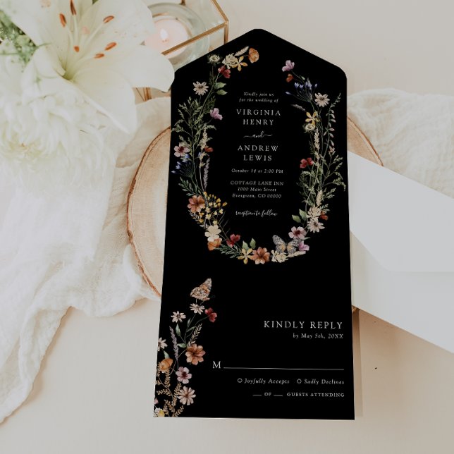 Black Boho Floral All in One Wedding Invite (Black Boho Floral All in One Wedding Invite with Butterfly by Painted Paperie
)