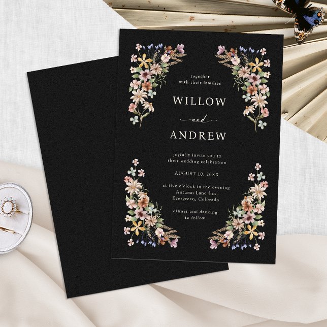 Black Boho Floral Wedding Invitation (Moody Black Boho Floral Wedding Invitation by Painted Paperie
)
