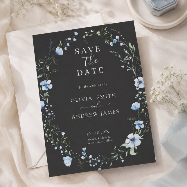 Black Boho Floral Wedding Invitation | Moody Blue  (Creator Uploaded)