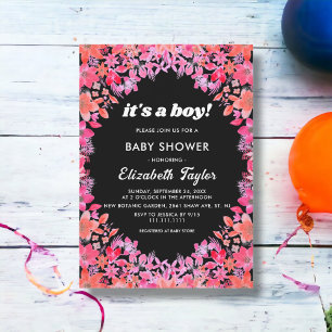Black Boho Flowers Country Floral Boy Baby Shower Invitation