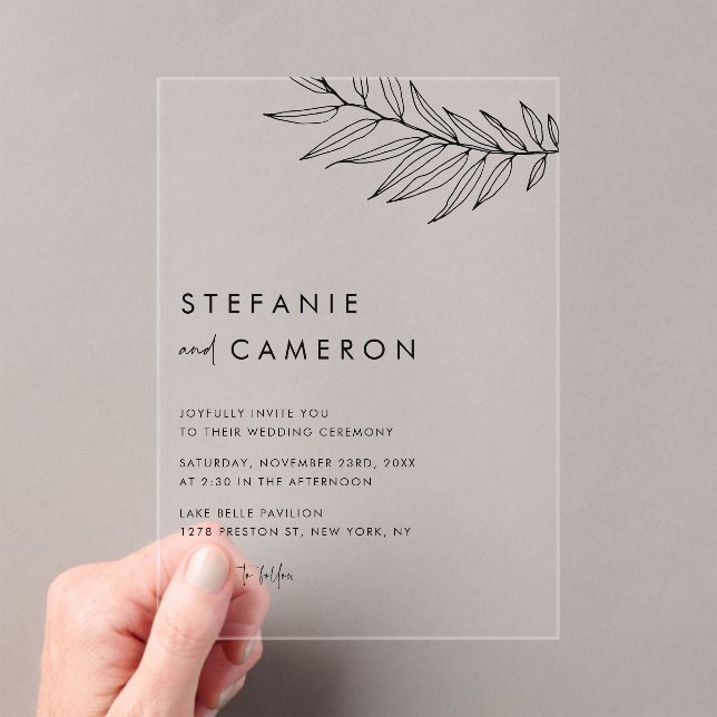 Black Boho Minimalist Foliage Wedding Acrylic Invitations (Insitu (Handheld))
