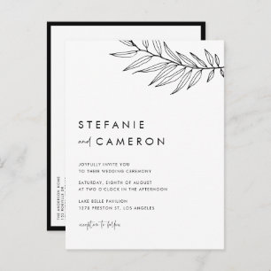 Black Boho Minimalist Foliage Wedding Invitation Postcard
