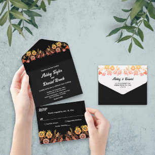 Black Boho Neon Roses Romantic Floral Wedding All In One Invitation