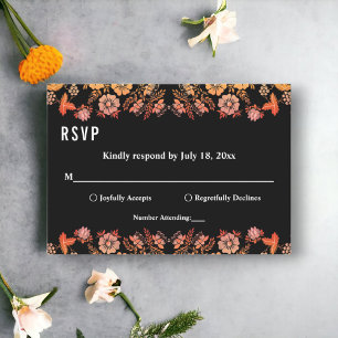 Black Boho Neon Roses Romantic Floral Wedding RSVP Card