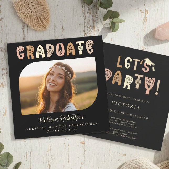 Black Boho Photo Announcement Invitation (Creator Uploaded)