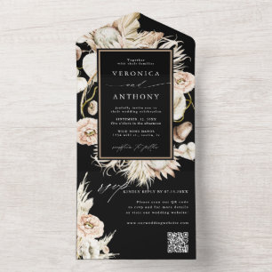 Black Boho Protea Pampas Grass Wedding QR Code  All In One Invitation