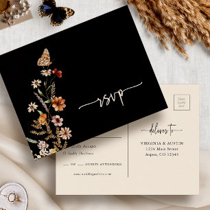 Black Boho RSVP Wedding Postcard