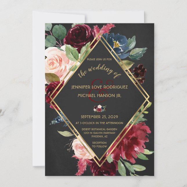 Black Boho Wedding Burgundy Merlot Gold Floral  Invitation (Front)