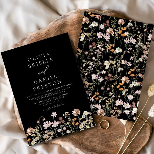 Black Boho Wildflower Beige Garden Wedding Invitation (Creator Uploaded)