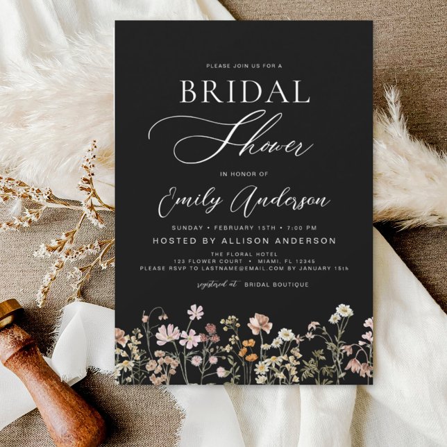 Black Boho Wildflower Bridal Shower Invitation (Creator Uploaded)