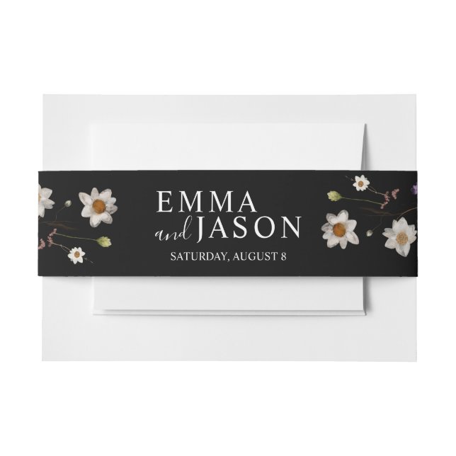 Black Boho Wildflower Invitation Belly Band (Front Example)