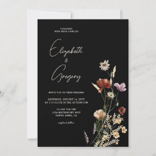 Black Boho Wildflower Wedding Invitation
